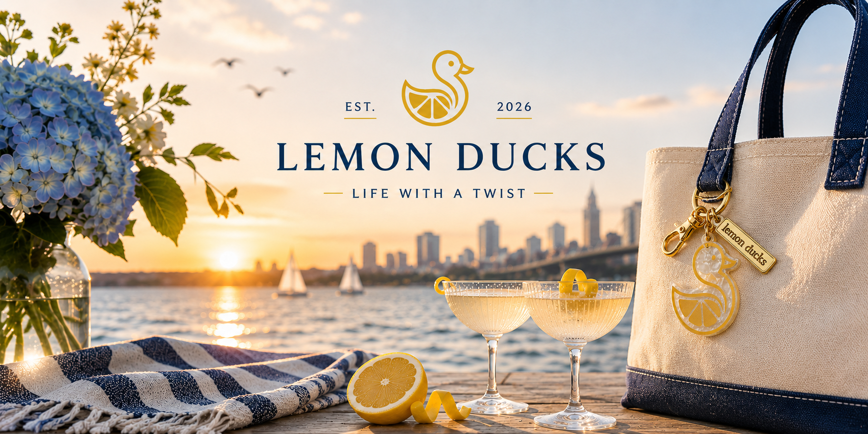 Lemon Ducks lifestyle scene with martinis, a tote bag, and hydrangeas by the water at sunset